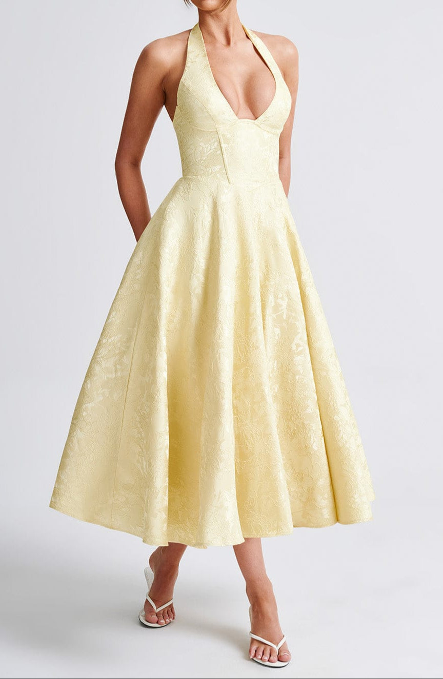 NOUVEAU RICHE Romantisches Zitrone Midikleid Mit Neckholder Und Tüllrock