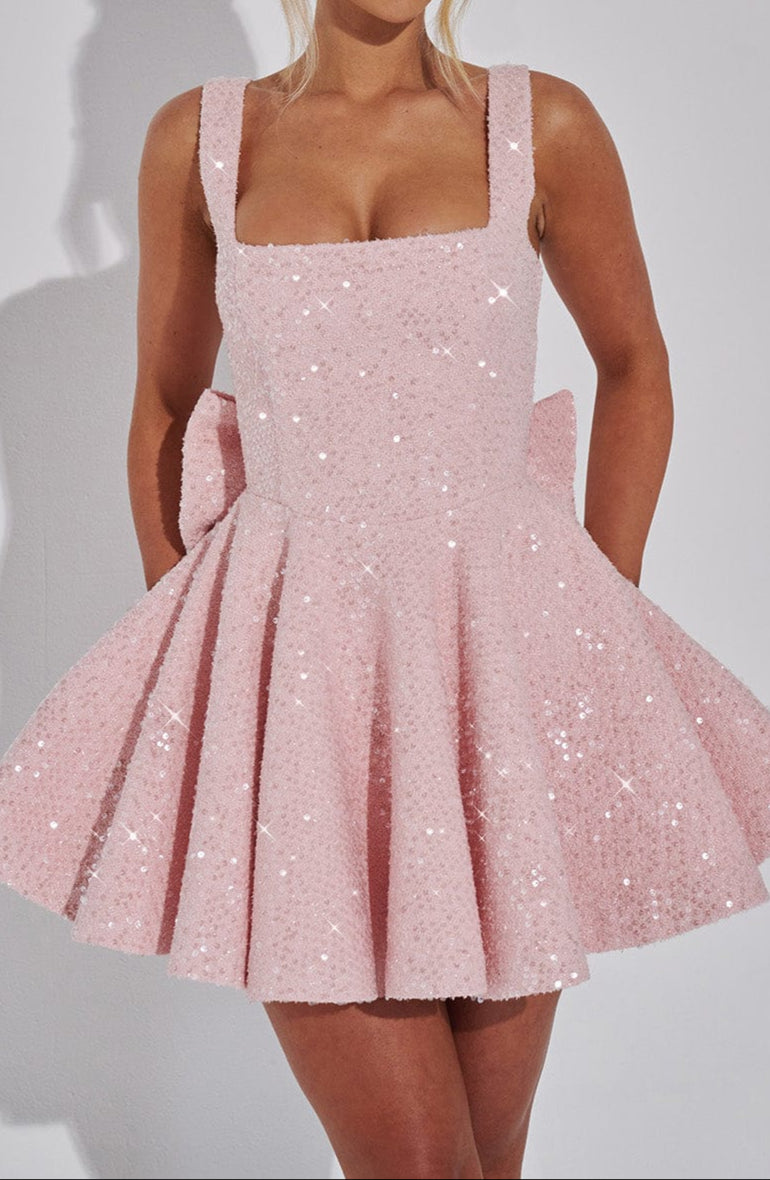 NOUVEAU RICHE Minikleid Pailletten Tweed Tellerrock Quadratisch Ausschnitt L