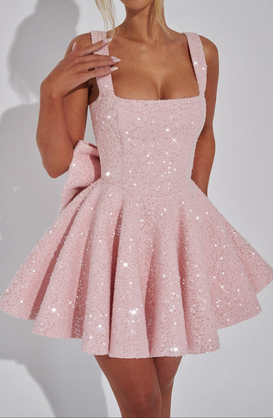 NOUVEAU RICHE Minikleid Pailletten Tweed Tellerrock Quadratisch Ausschnitt