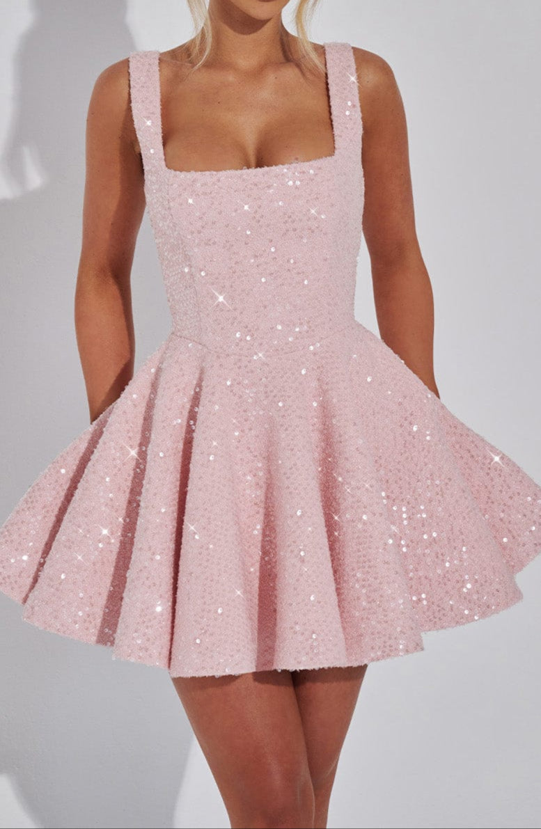 NOUVEAU RICHE Minikleid Pailletten Tweed Tellerrock Quadratisch Ausschnitt