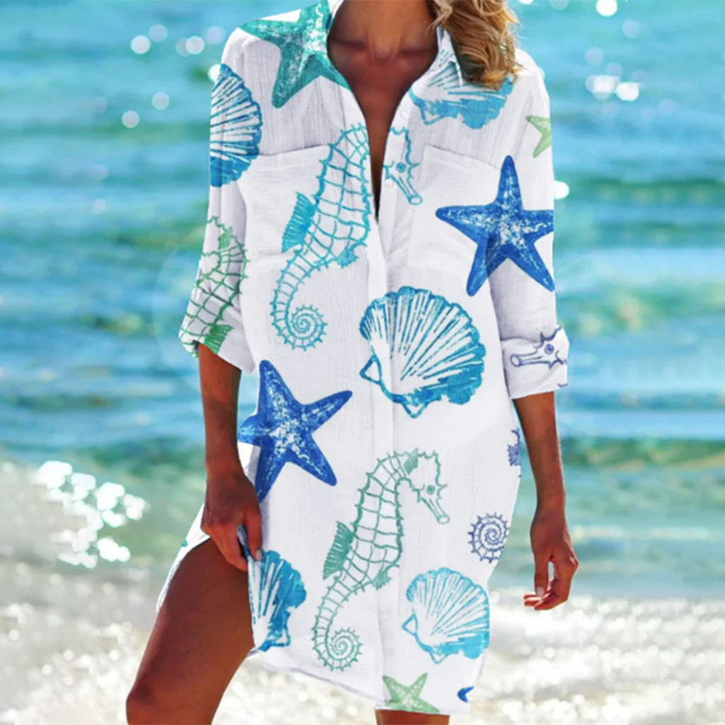 NOUVEAU RICHE Damen Sommer Shirt Luftig Bequemer Schnitt Leuchtende Farben Blaues Seepferdchen