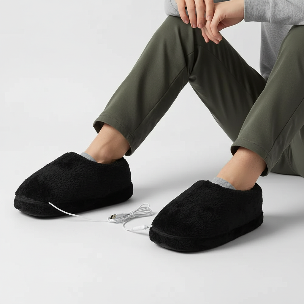 NOUVEAU RICHE USB beheizte Hausschuhe – Elektrische Wärmepantoffeln mit weichem Plüschfutter, Unisex, 3 Farben, Gr. 35–46 Schwarz