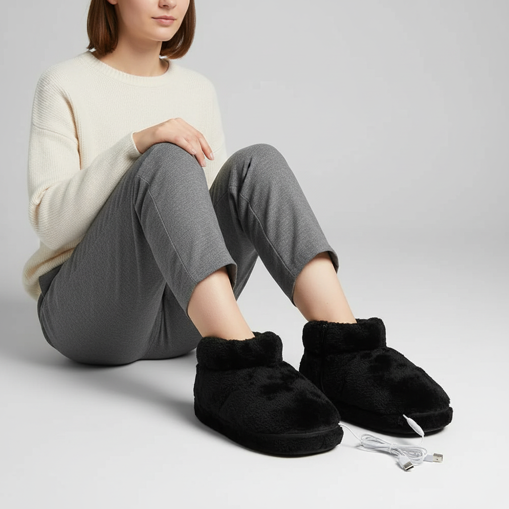 NOUVEAU RICHE USB beheizte Hausschuhe – Elektrische Wärmepantoffeln mit weichem Plüschfutter, Unisex, 3 Farben, Gr. 35–46
