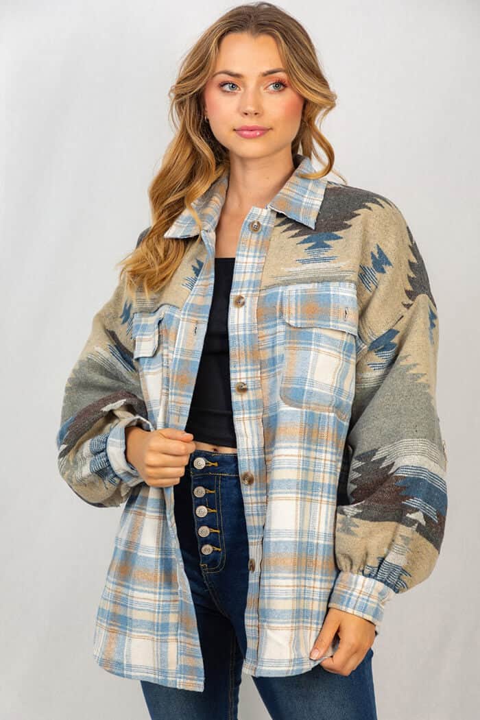 NOUVEAU RICHE Übergröße Karierte Patchwork Revers Taschenjacke Damen