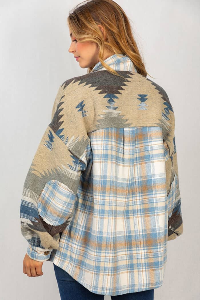 NOUVEAU RICHE Übergröße Karierte Patchwork Revers Taschenjacke Damen Blau