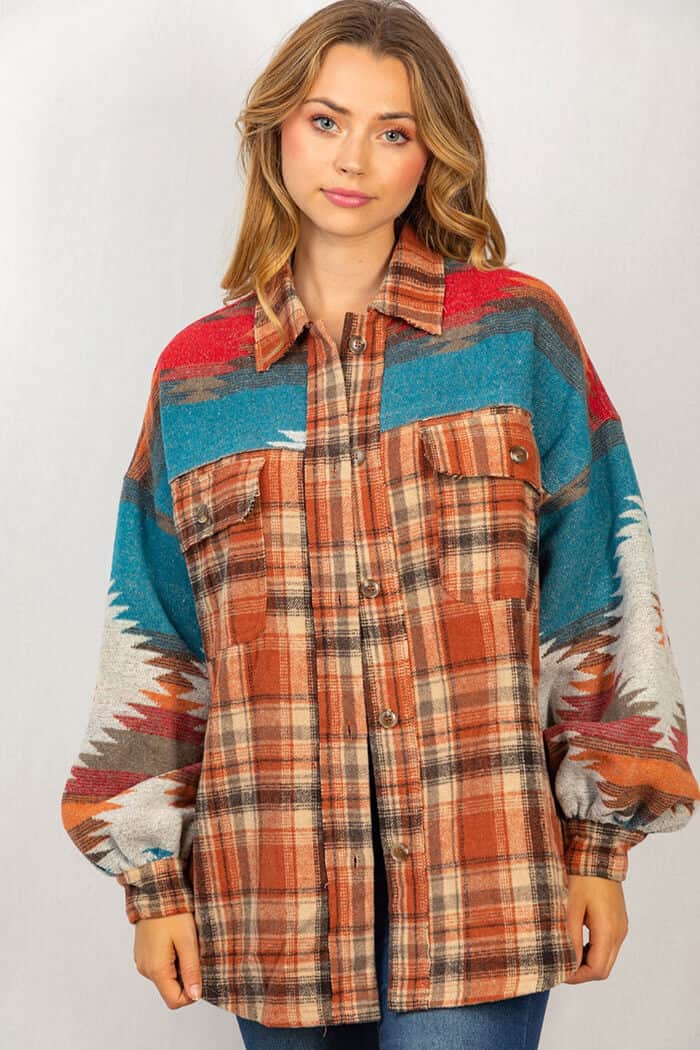 NOUVEAU RICHE Übergröße Karierte Patchwork Revers Taschenjacke Damen Orange
