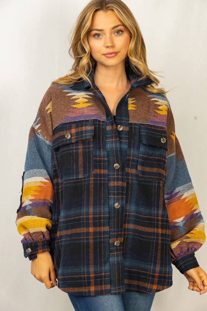 NOUVEAU RICHE Übergröße Karierte Patchwork Revers Taschenjacke Damen