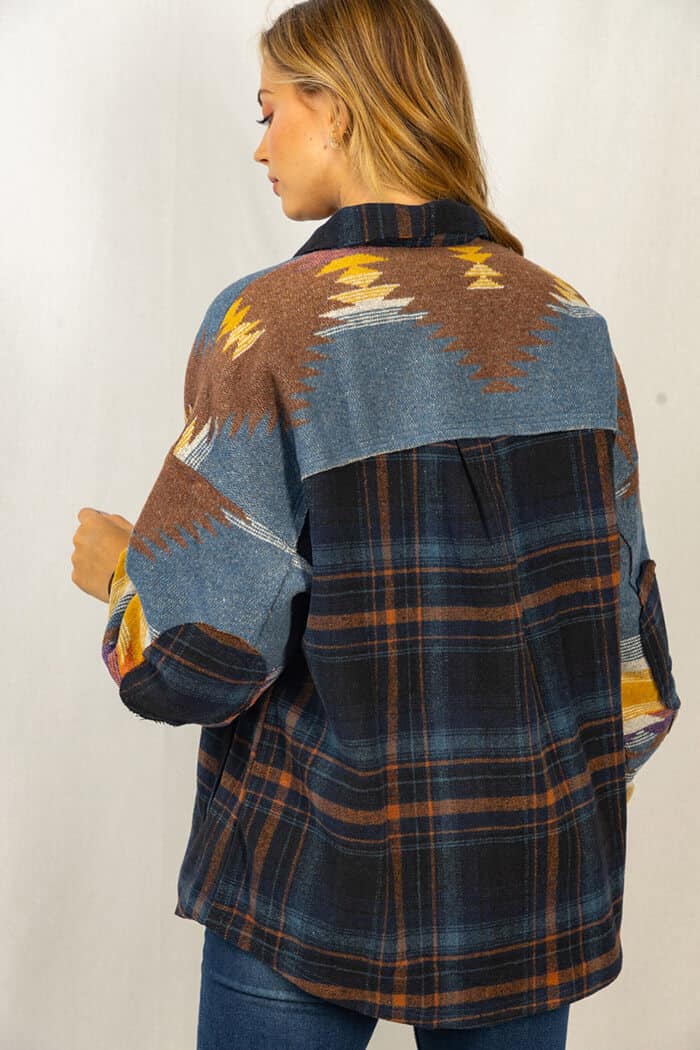 NOUVEAU RICHE Übergröße Karierte Patchwork Revers Taschenjacke Damen Dunkelblau