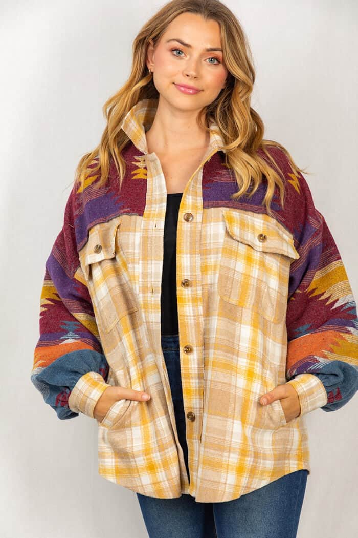 NOUVEAU RICHE Übergröße Karierte Patchwork Revers Taschenjacke Damen