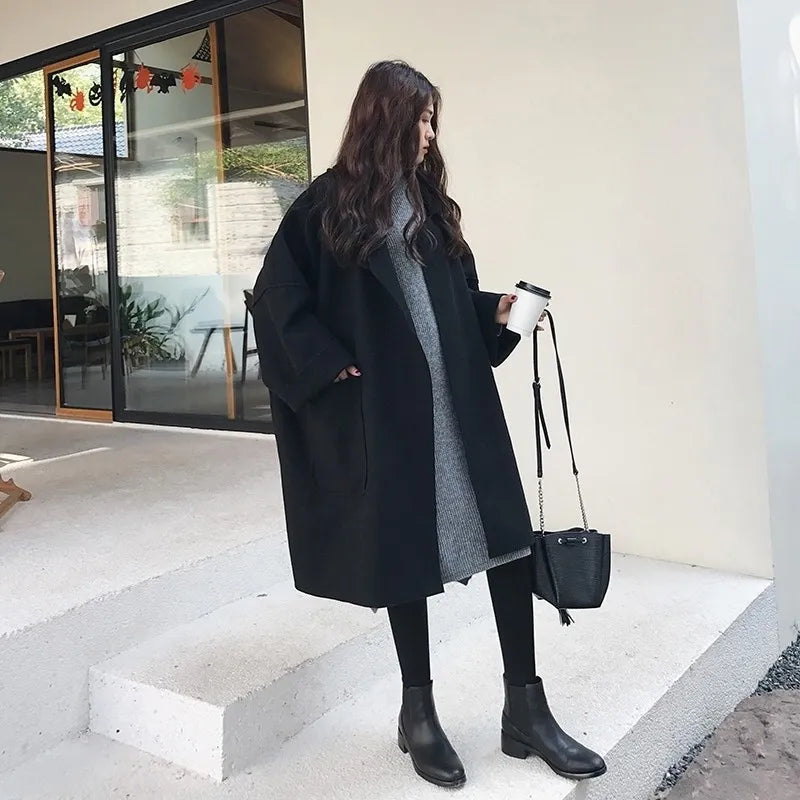NOUVEAU RICHE Übergroßer Trenchcoat Wollmischung Eleganter Look Für Damen Schwarz