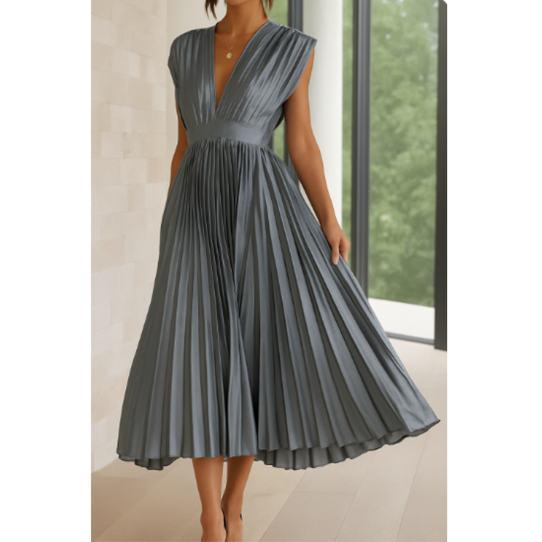 NOUVEAU RICHE Damen Abendkleid V-Ausschnitt Midi-Länge Elegante Silhouette Silber