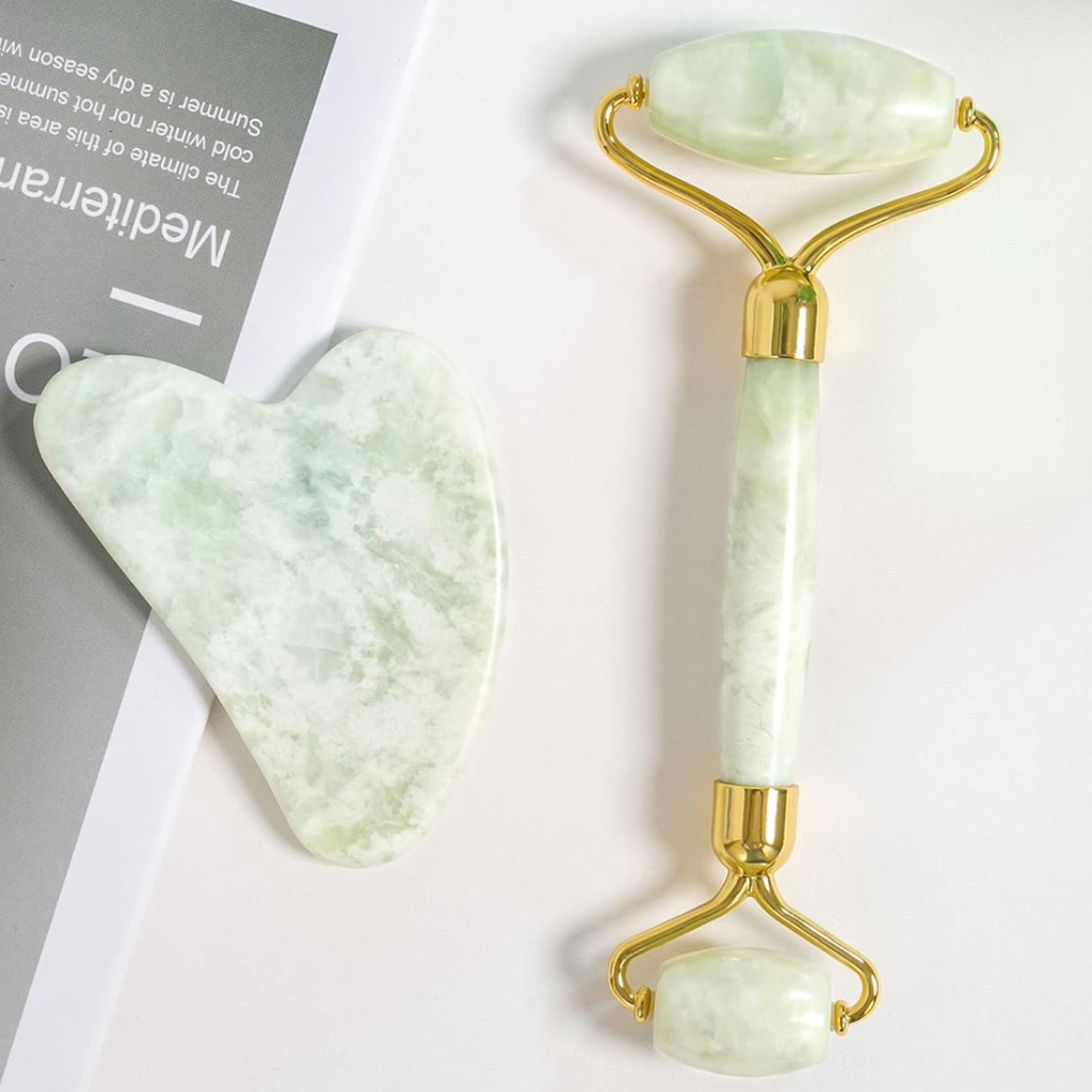 NOUVEAU RICHE Instant Glow Gua Sha & Jade-Roller Set – Gesichtsroller und Gua Sha Stein für die Gesichtsmassage, 5 Farben