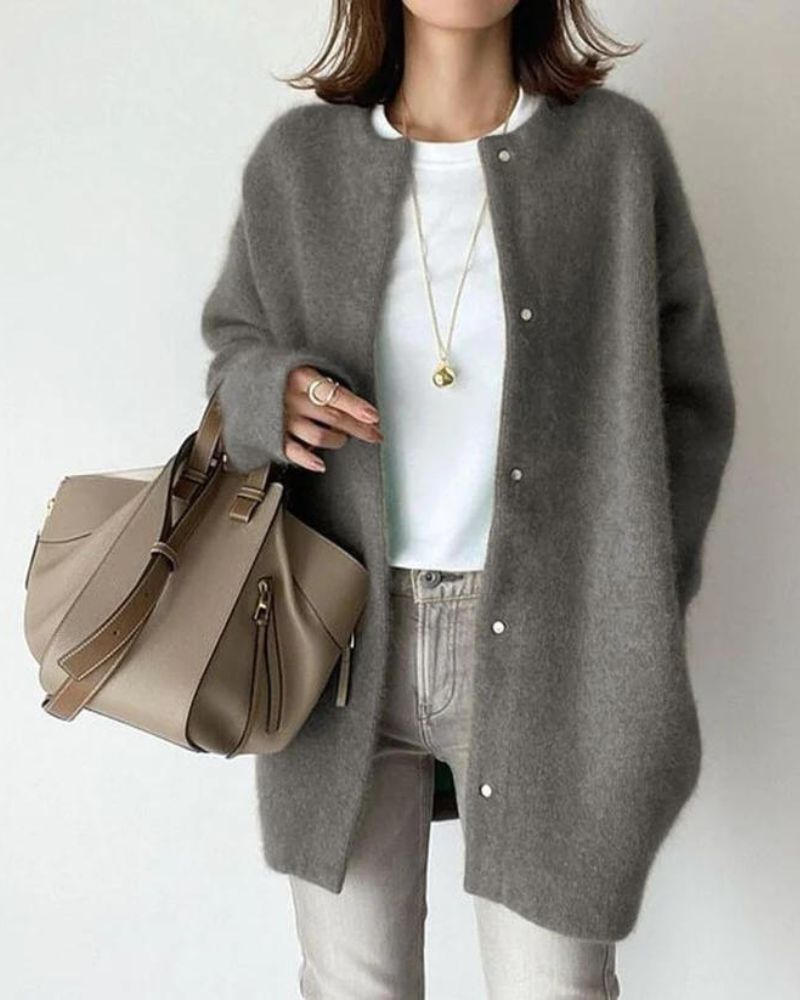NOUVEAU RICHE Cozy Knit Cardigan for Women - Stylish and Comfortable Layering Piece for Fall and Winter Fashion Grau Einheitsgröße