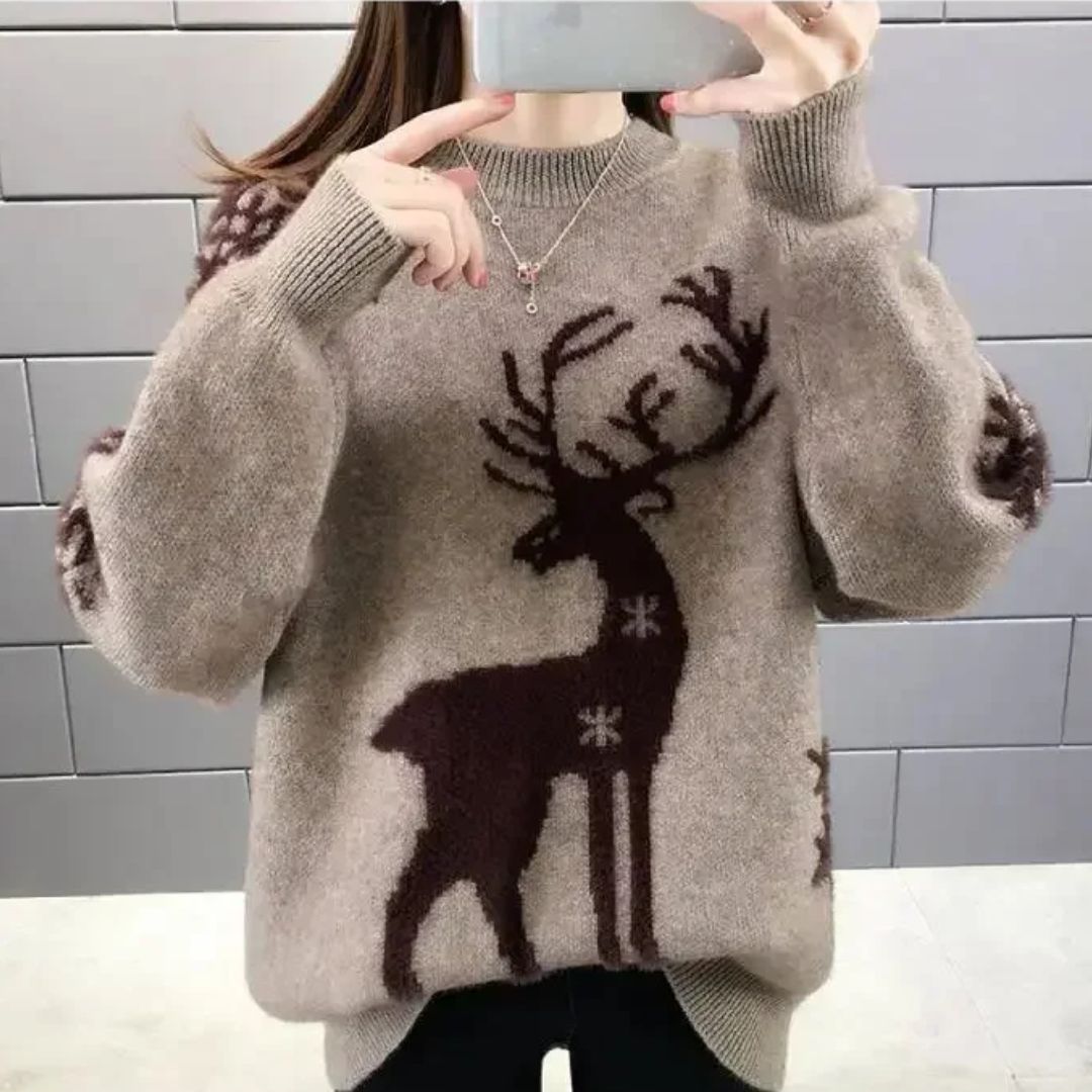 NOUVEAU RICHE Weihnachtspullover Damen – Lockerer Pullover mit festlichem Weihnachtsprint, 3 Farben, S–3XL, Gemütlich & Stylisch – Amore Grau