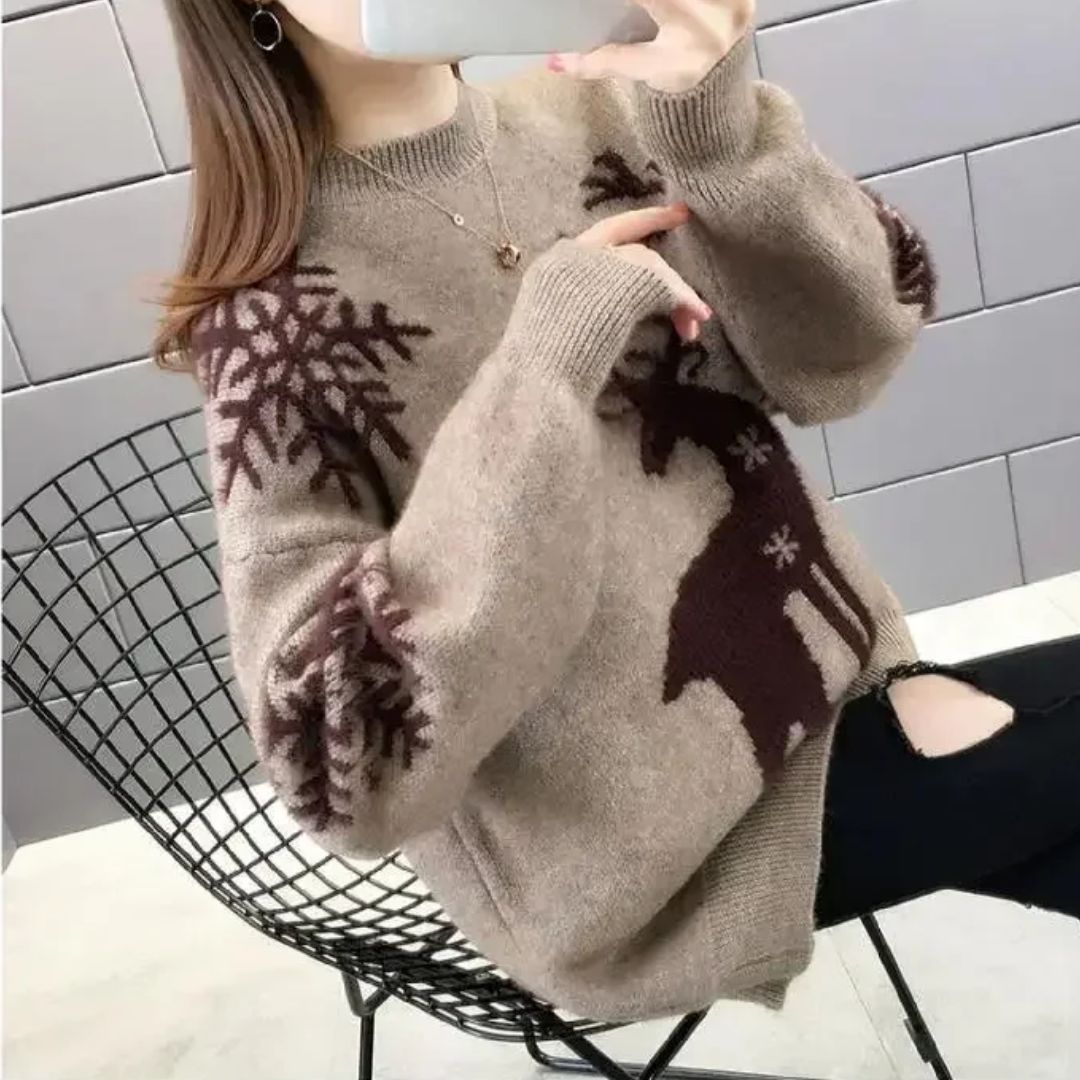 NOUVEAU RICHE Weihnachtspullover Damen – Lockerer Pullover mit festlichem Weihnachtsprint, 3 Farben, S–3XL, Gemütlich & Stylisch – Amore
