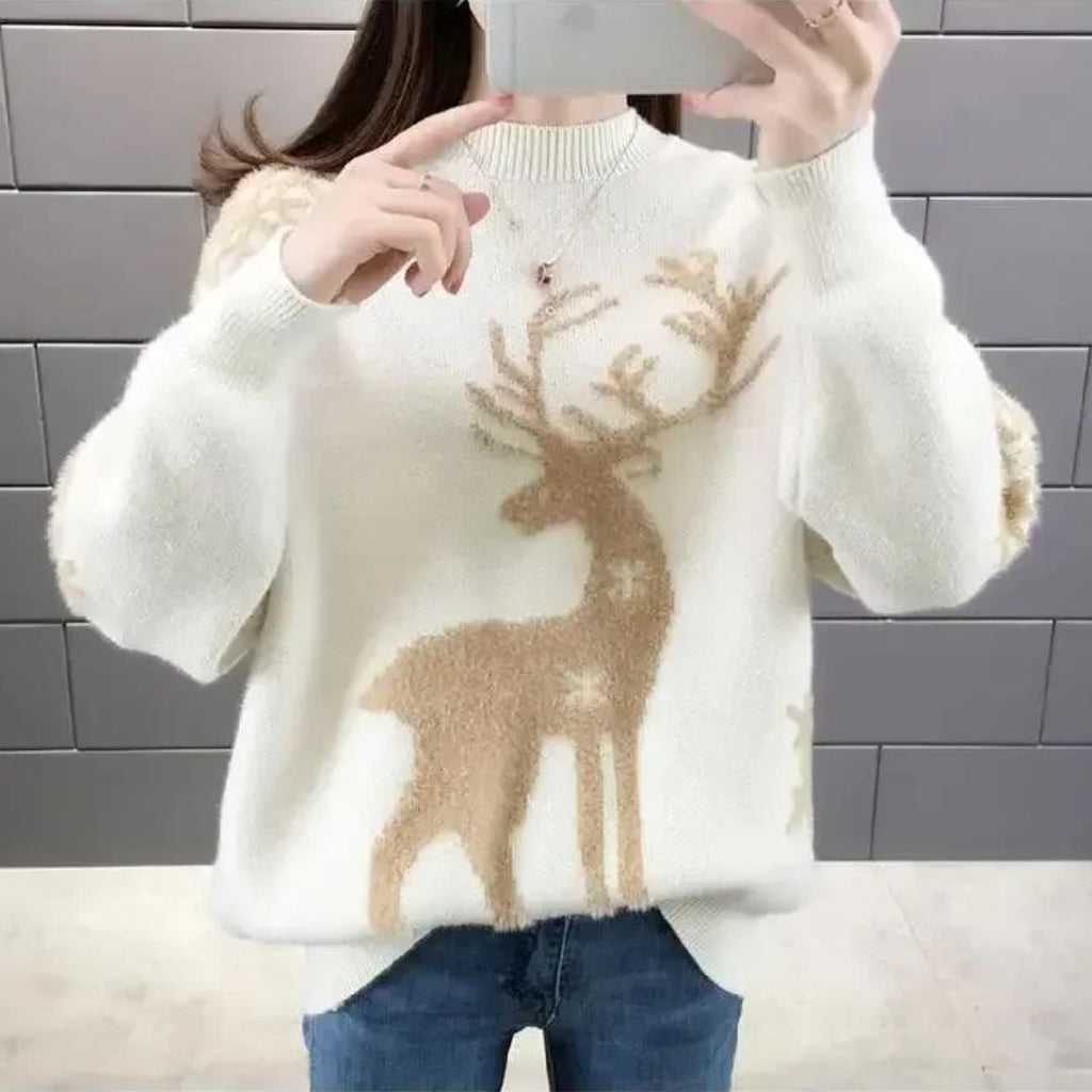 NOUVEAU RICHE Weihnachtspullover Damen – Lockerer Pullover mit festlichem Weihnachtsprint, 3 Farben, S–3XL, Gemütlich & Stylisch – Amore Weiß