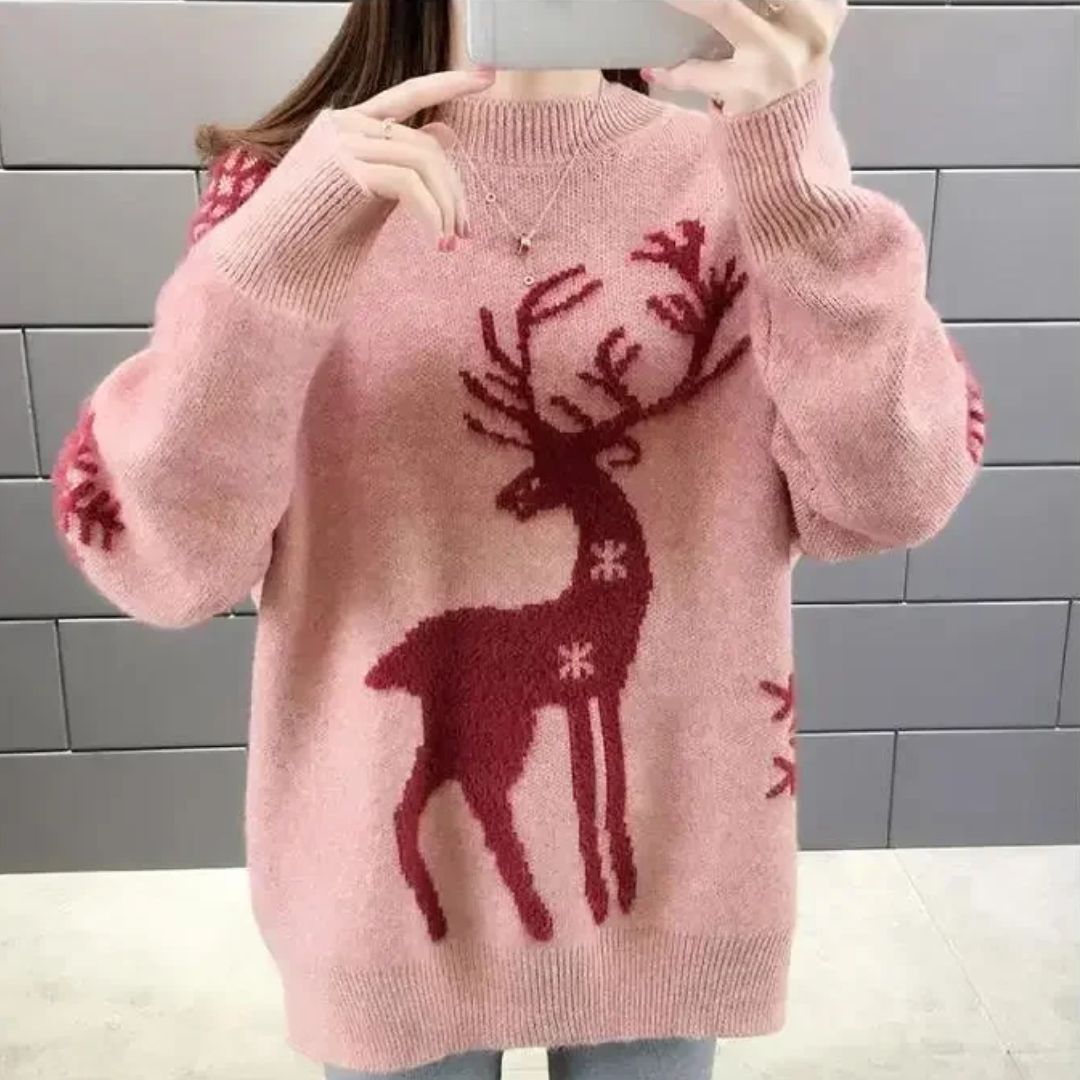NOUVEAU RICHE Weihnachtspullover Damen – Lockerer Pullover mit festlichem Weihnachtsprint, 3 Farben, S–3XL, Gemütlich & Stylisch – Amore Rot