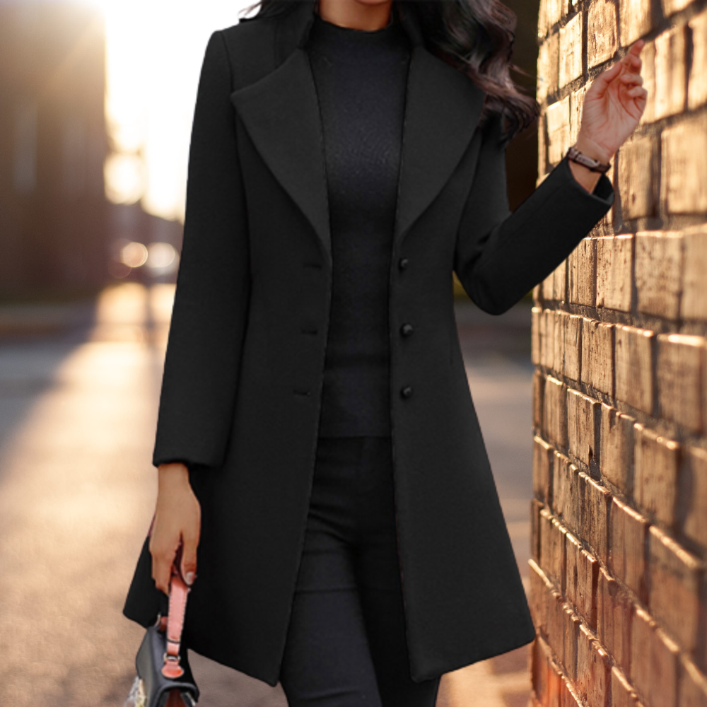 NOUVEAU RICHE Langer Mantel Aus Polyester Unifarbig Allround Für Herbst - Winterjacke - Wintermäntel Damen Schwarz