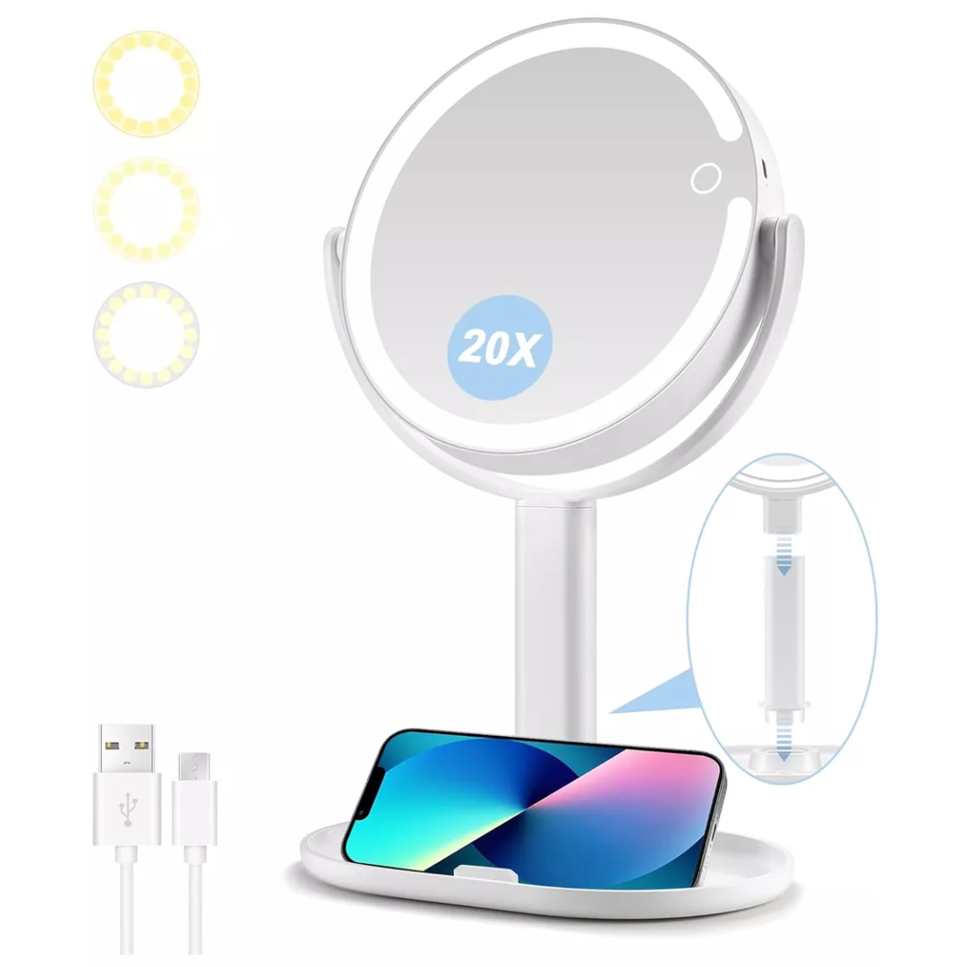NOUVEAU RICHE Beleuchteter Schminkspiegel mit 20-facher Vergrösserung – Doppelseitiger LED-Kosmetikspiegel, aufladbar, 3 Lichtfarben, 360° drehbar
