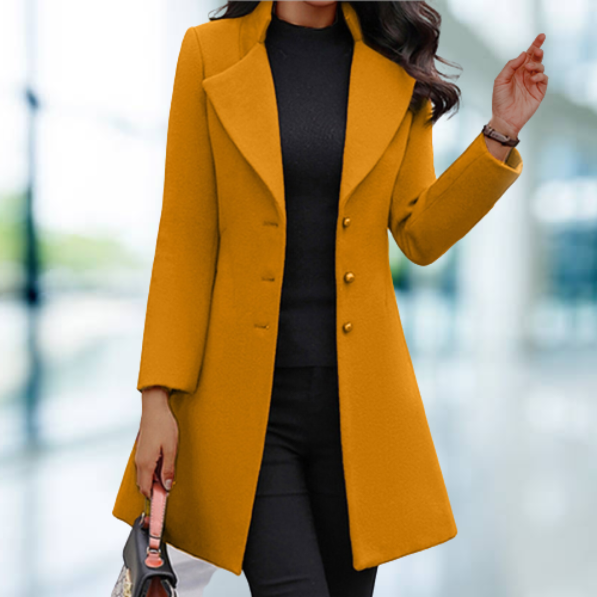 NOUVEAU RICHE Langer Mantel Aus Polyester Unifarbig Allround Für Herbst - Winterjacke - Wintermäntel Damen Gelb