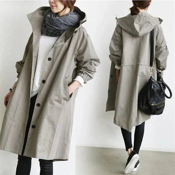 NOUVEAU RICHE Regenmantel Damen Wasserabweisend Oversize Kapuze Kordelzug HellGrau