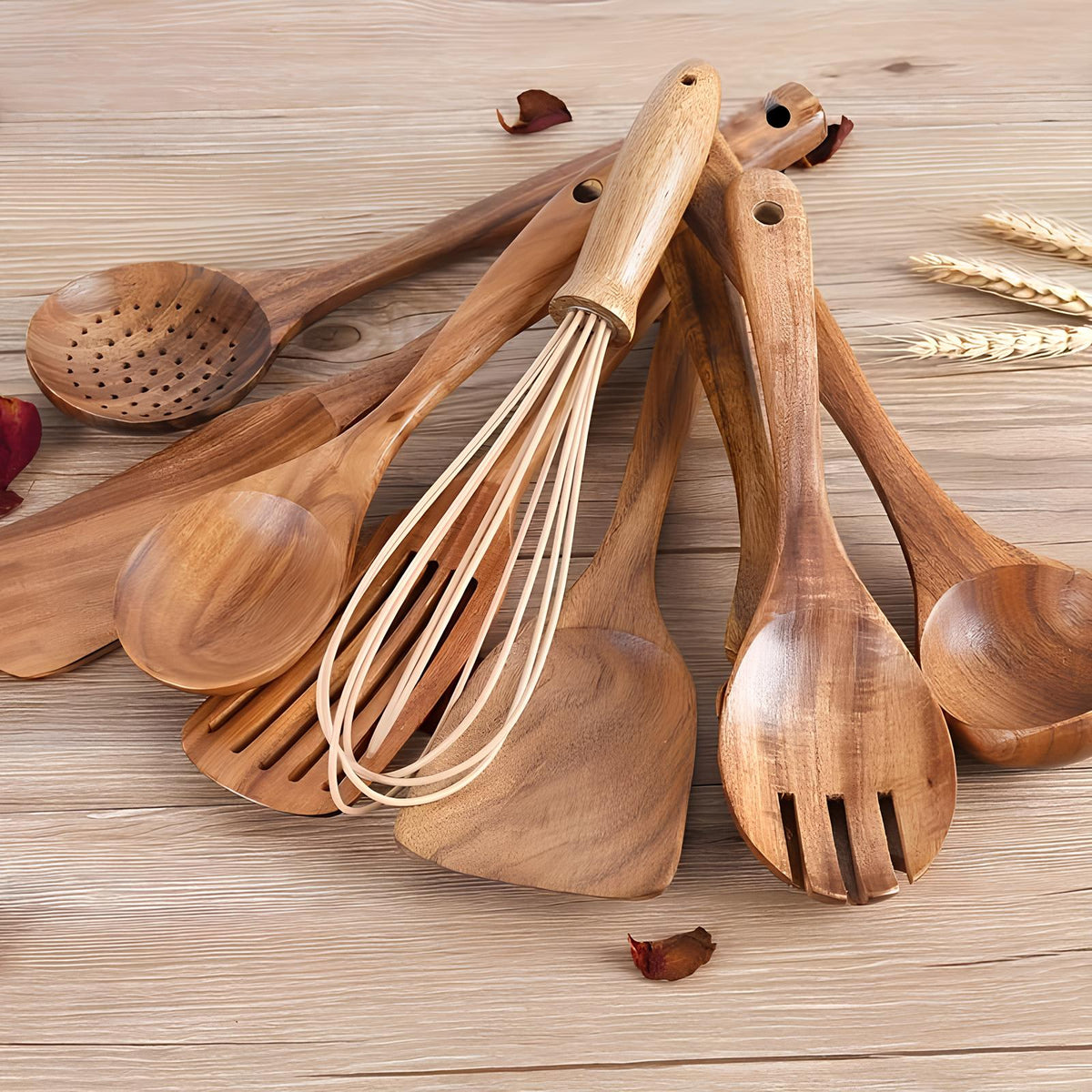 NOUVEAU RICHE 11-teiliges Küchenutensilien-Set aus Teakholz mit Halter – Kochbesteck aus Holz für beschichtete Pfannen, natürliche Optik