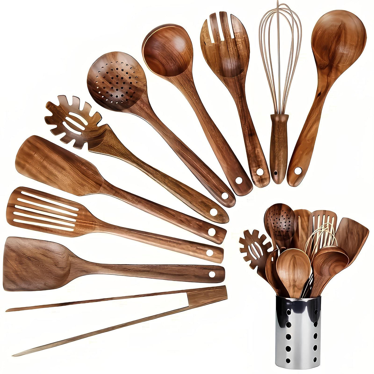 NOUVEAU RICHE 11-teiliges Küchenutensilien-Set aus Teakholz mit Halter – Kochbesteck aus Holz für beschichtete Pfannen, natürliche Optik Braun