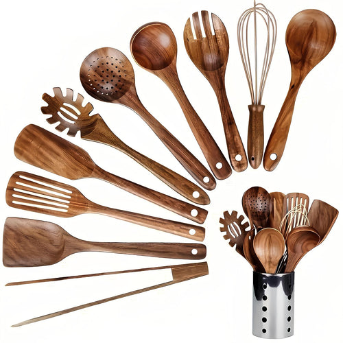 NOUVEAU RICHE 11-teiliges Küchenutensilien-Set aus Teakholz mit Halter – Kochbesteck aus Holz für beschichtete Pfannen, natürliche Optik Braun