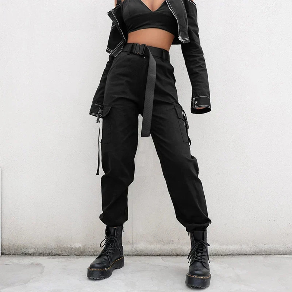 NOUVEAU RICHE Frauen Cargohose Hoher Taille Streetwear Komfort Großzügigen Taschen Schwarz