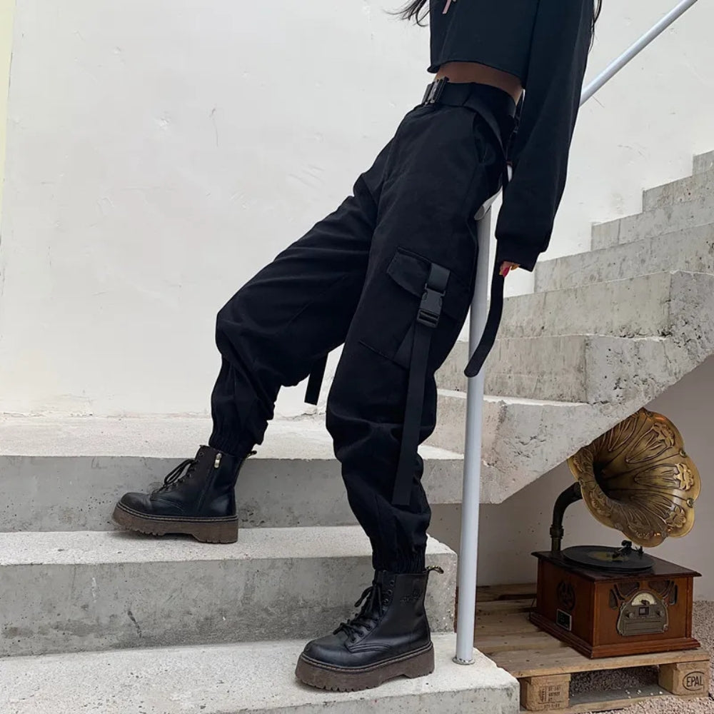 NOUVEAU RICHE Frauen Cargohose Hoher Taille Streetwear Komfort Großzügigen Taschen