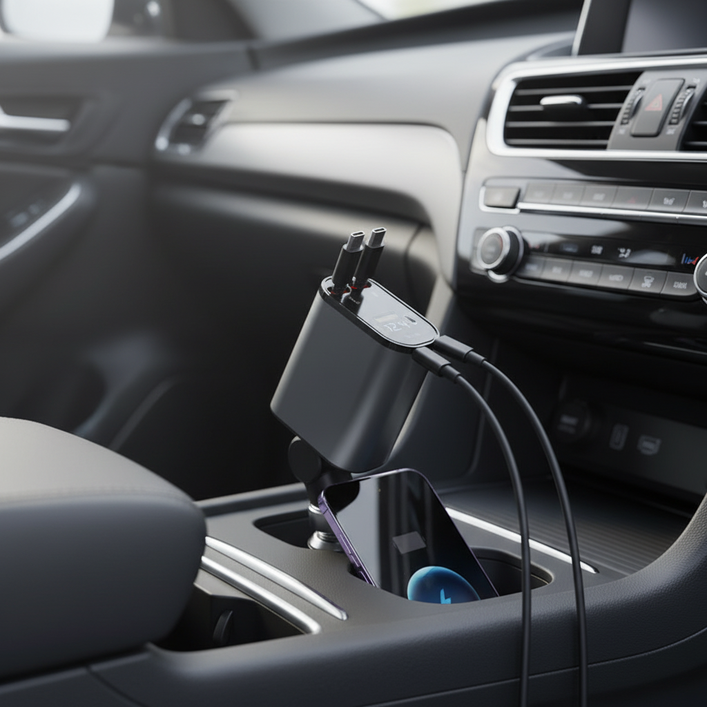 NOUVEAU RICHE Faltbares Autoladegerät – Kfz-Ladegerät mit 2 Kabeln, USB-C und iPhone, 80 cm, für Samsung, iPhone & Huawei – PowerCharge