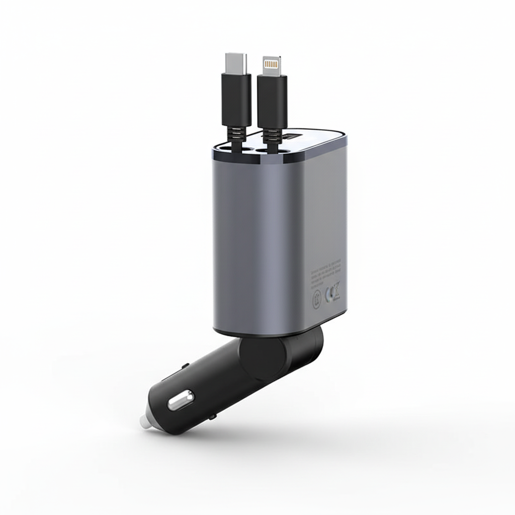 NOUVEAU RICHE Faltbares Autoladegerät – Kfz-Ladegerät mit 2 Kabeln, USB-C und iPhone, 80 cm, für Samsung, iPhone & Huawei – PowerCharge