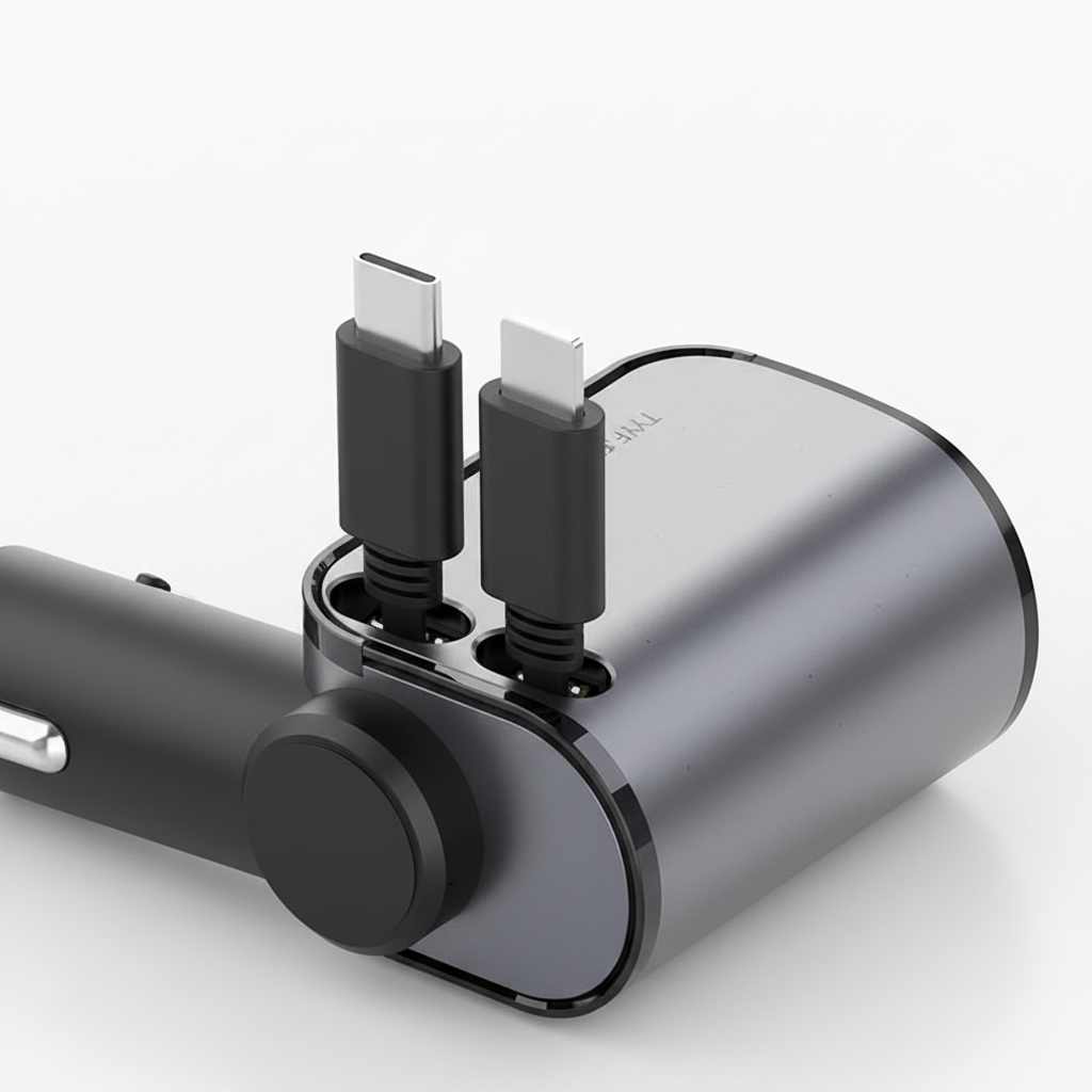 NOUVEAU RICHE Faltbares Autoladegerät – Kfz-Ladegerät mit 2 Kabeln, USB-C und iPhone, 80 cm, für Samsung, iPhone & Huawei – PowerCharge