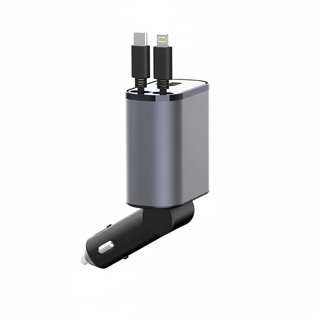 NOUVEAU RICHE Faltbares Autoladegerät – Kfz-Ladegerät mit 2 Kabeln, USB-C und iPhone, 80 cm, für Samsung, iPhone & Huawei – PowerCharge USB-C + iPhone