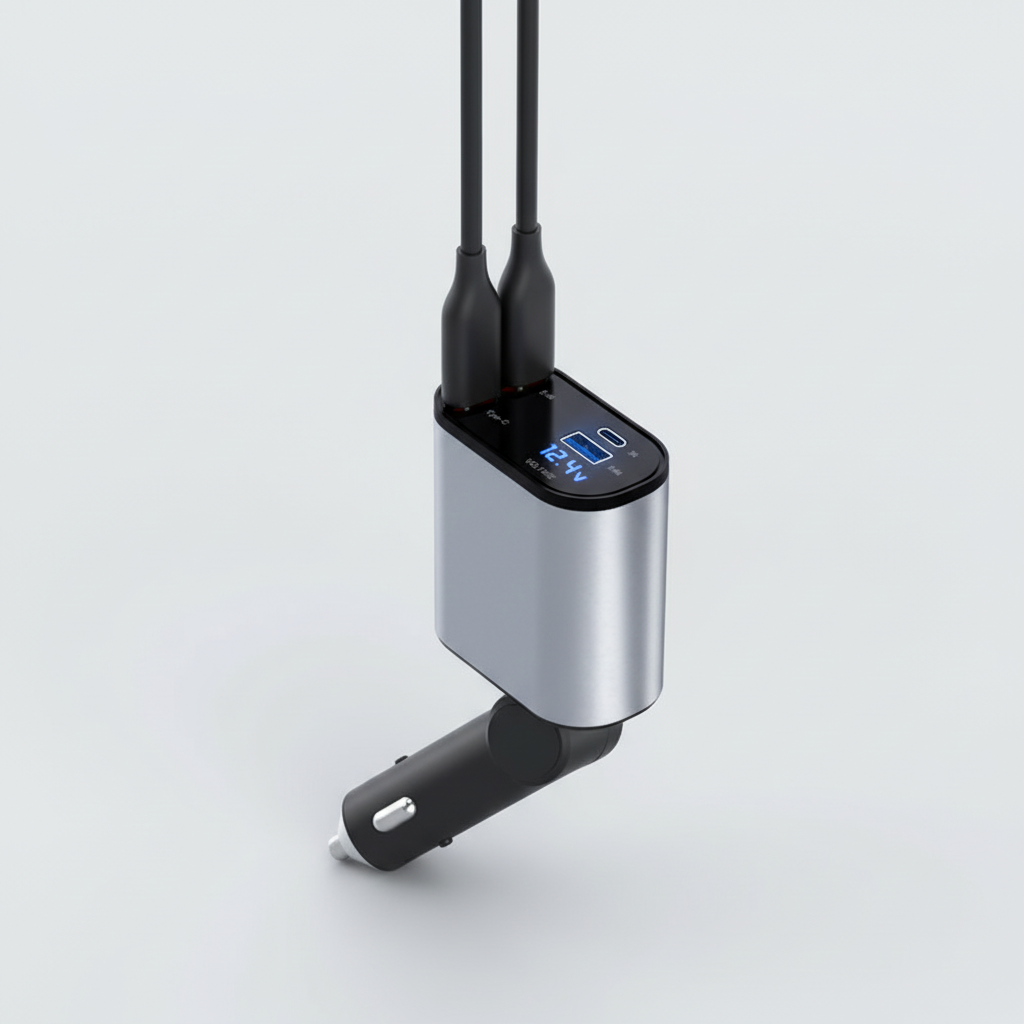 NOUVEAU RICHE Faltbares Autoladegerät – Kfz-Ladegerät mit 2 Kabeln, USB-C und iPhone, 80 cm, für Samsung, iPhone & Huawei – PowerCharge 2 USB-C-Anschlüsse
