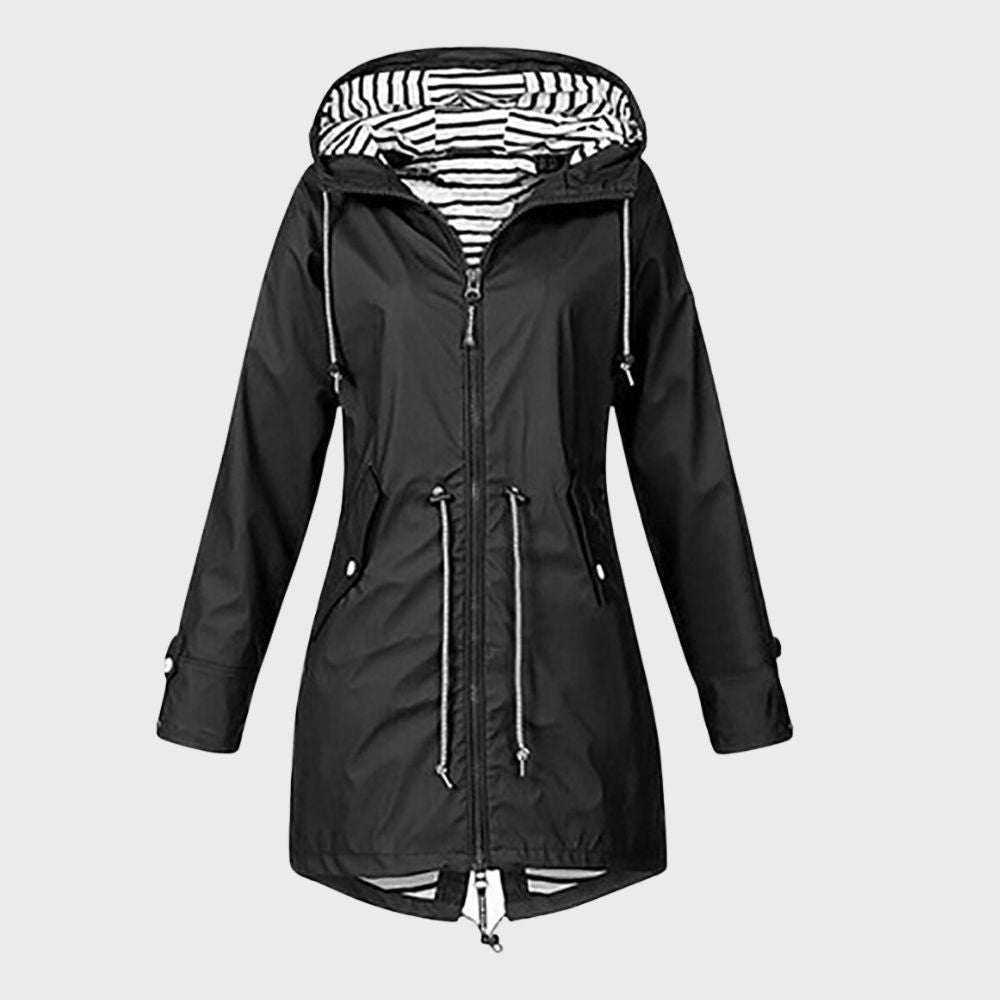 NOUVEAU RICHE Damen Lange Regenjacke Wasserdicht Mit Kapuze Alltagskomfort Schwarz