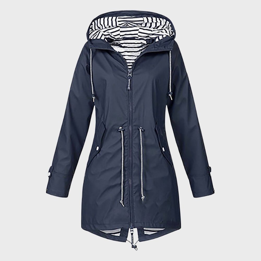 NOUVEAU RICHE Damen Lange Regenjacke Wasserdicht Mit Kapuze Alltagskomfort Marineblau