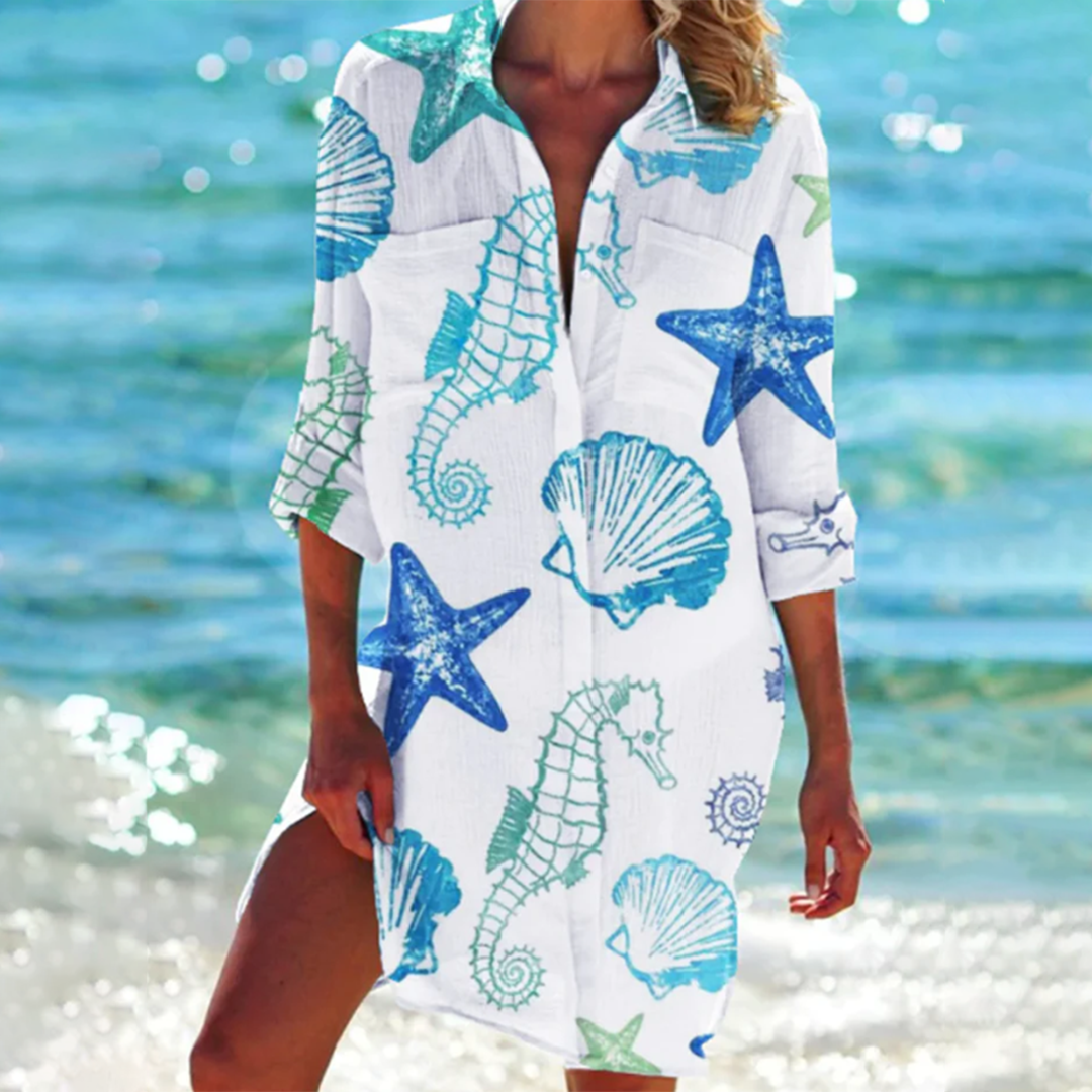 NOUVEAU RICHE Libre | Langes Sommerhemd für Damen mit Taschen und Knöpfen | Lockere Passform & Kragen Blaues Seepferdchen