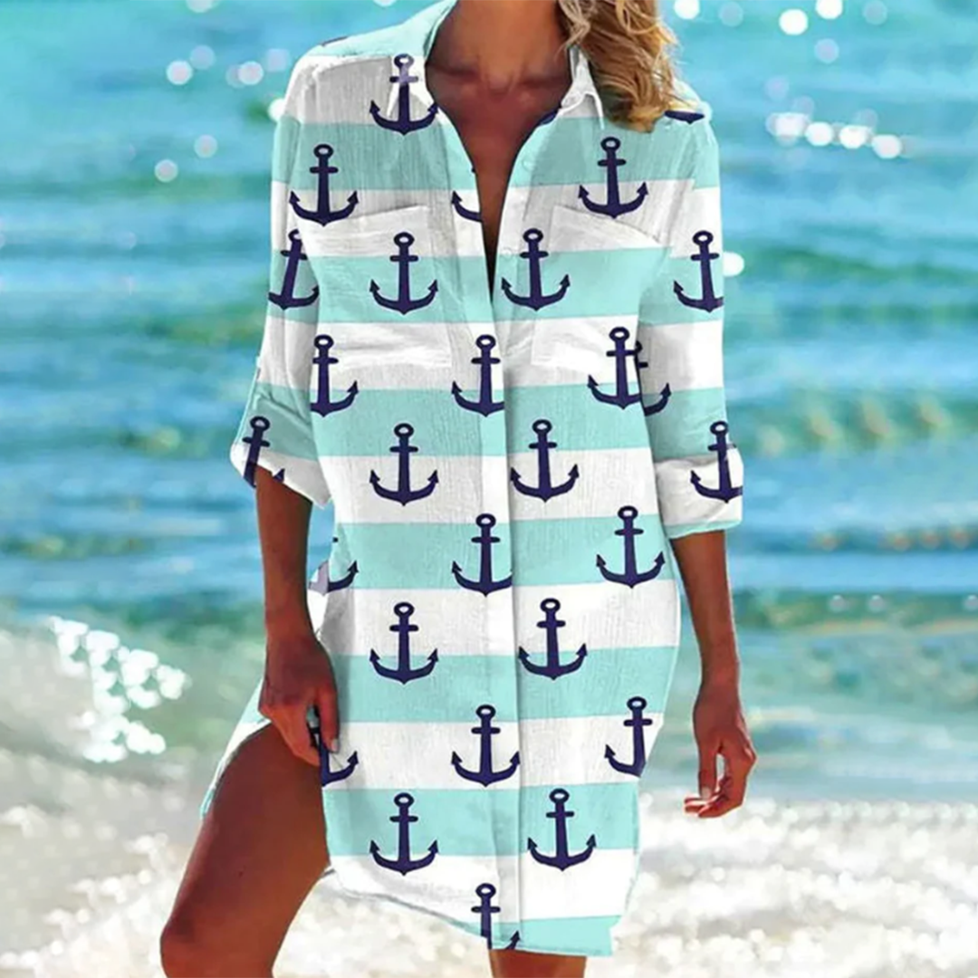NOUVEAU RICHE Libre | Langes Sommerhemd für Damen mit Taschen und Knöpfen | Lockere Passform & Kragen Mintgrüner Anker