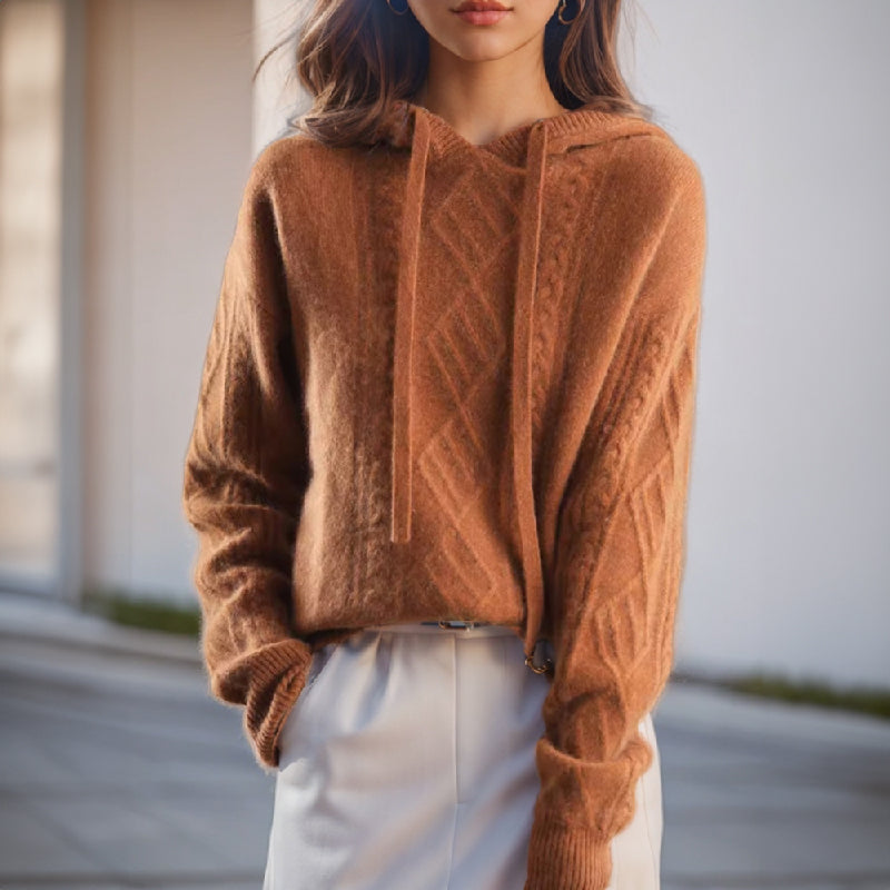 NOUVEAU RICHE Pamelo | Damen Zopfmuster-Pullover mit Kapuze Braun