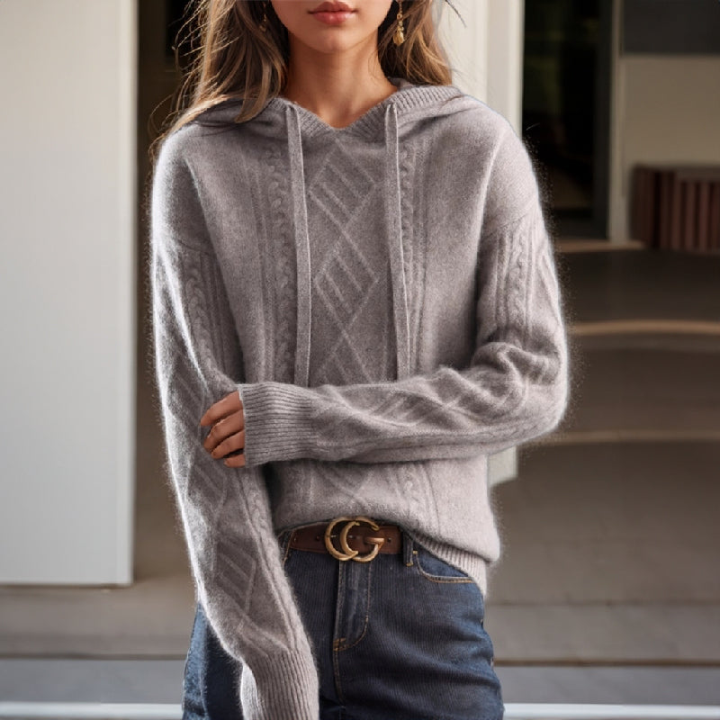 NOUVEAU RICHE Pamelo | Damen Zopfmuster-Pullover mit Kapuze Grau