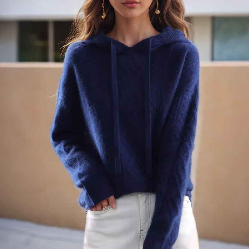 NOUVEAU RICHE Pamelo | Damen Zopfmuster-Pullover mit Kapuze Blau