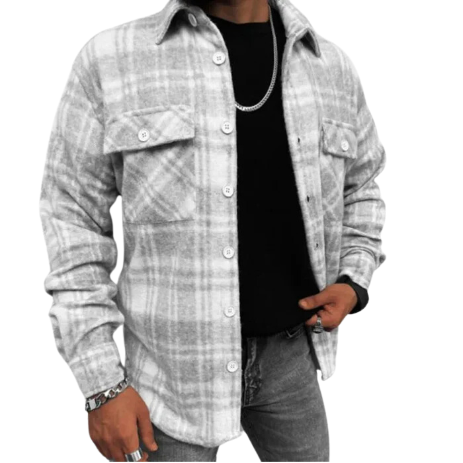 NOUVEAU RICHE Kariertes Flanell Winterhemd Herren Warm Für Kalte Tage Aschgraues Karo-Overshirt