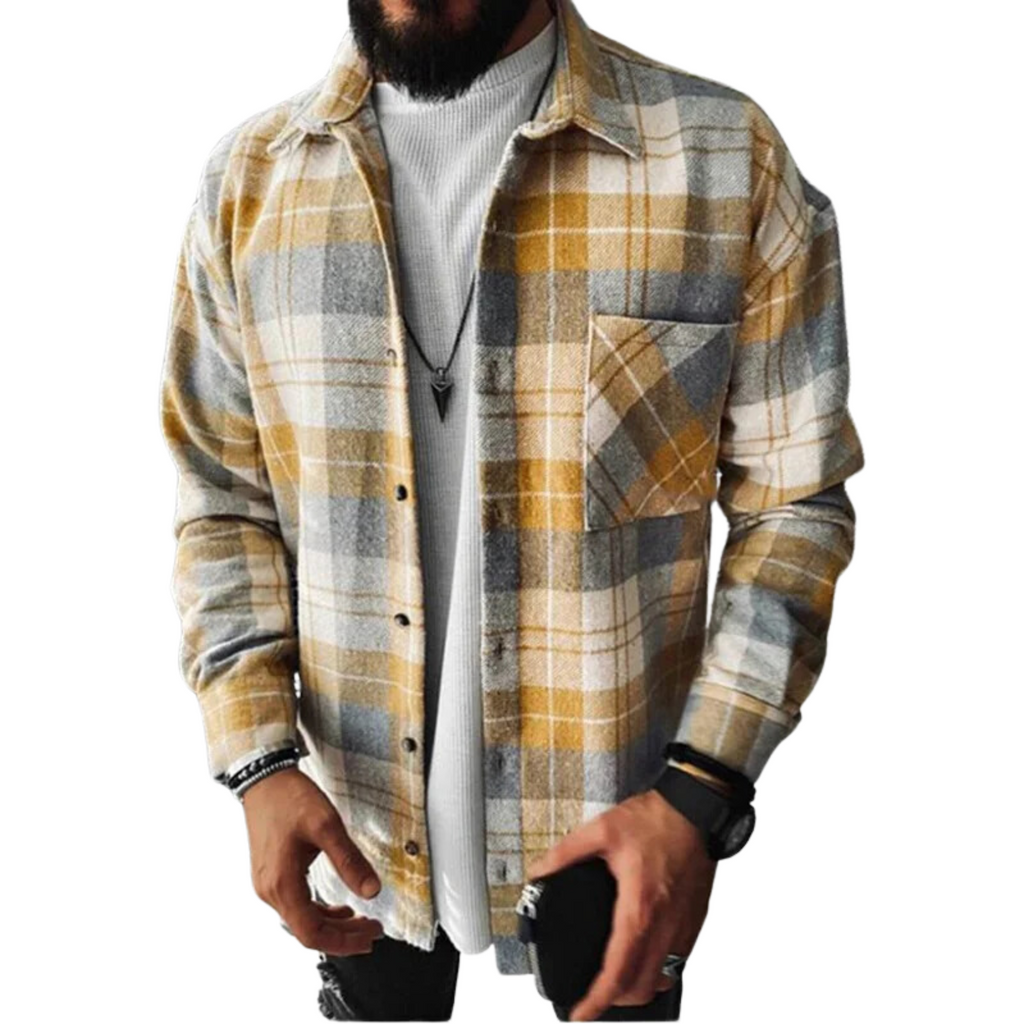 NOUVEAU RICHE Kariertes Flanell Winterhemd Herren Warm Für Kalte Tage Sunstone Yellow Plaid Overshirt