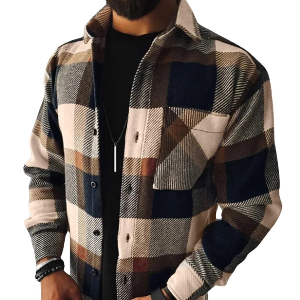 NOUVEAU RICHE Kariertes Flanell Winterhemd Herren Warm Für Kalte Tage Sandsteinbeige Dunkelblaues Overshirt