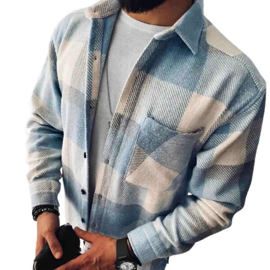 NOUVEAU RICHE Kariertes Flanell Winterhemd Herren Warm Für Kalte Tage Urban Blue Grid Overshirt