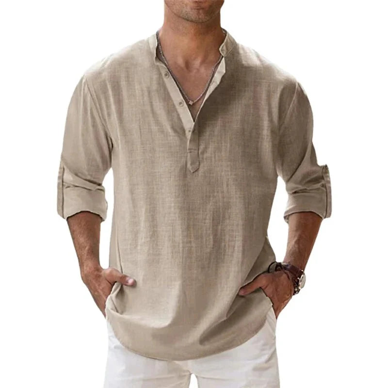 NOUVEAU RICHE Herren Langarm Polo Shirt Mit Chino Kragen Klassisch Khaki