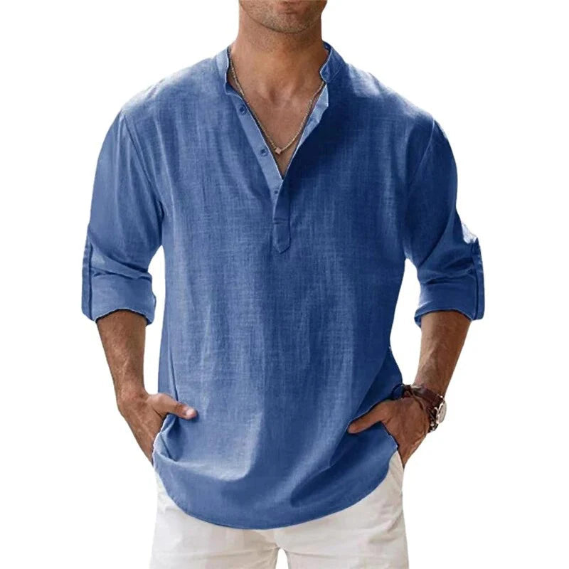 NOUVEAU RICHE Herren Langarm Polo Shirt Mit Chino Kragen Klassisch Hellblau