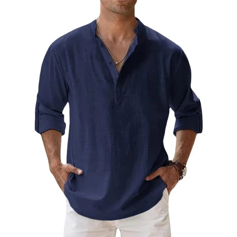 NOUVEAU RICHE Herren Langarm Polo Shirt Mit Chino Kragen Klassisch Dunkelblau