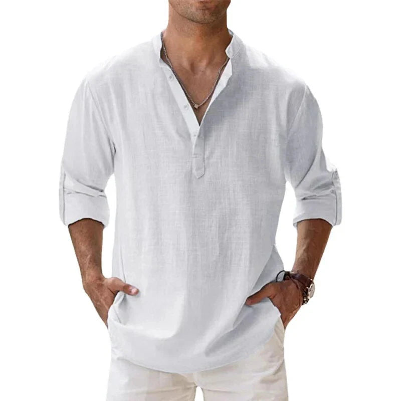NOUVEAU RICHE Herren Langarm Polo Shirt Mit Chino Kragen Klassisch Weiß